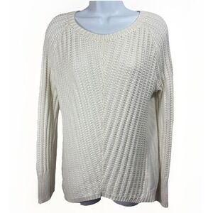 Ruby Moon White Cable‎ Knit Cotton Sweater Sz L Exposed 1/4 Zip Back
